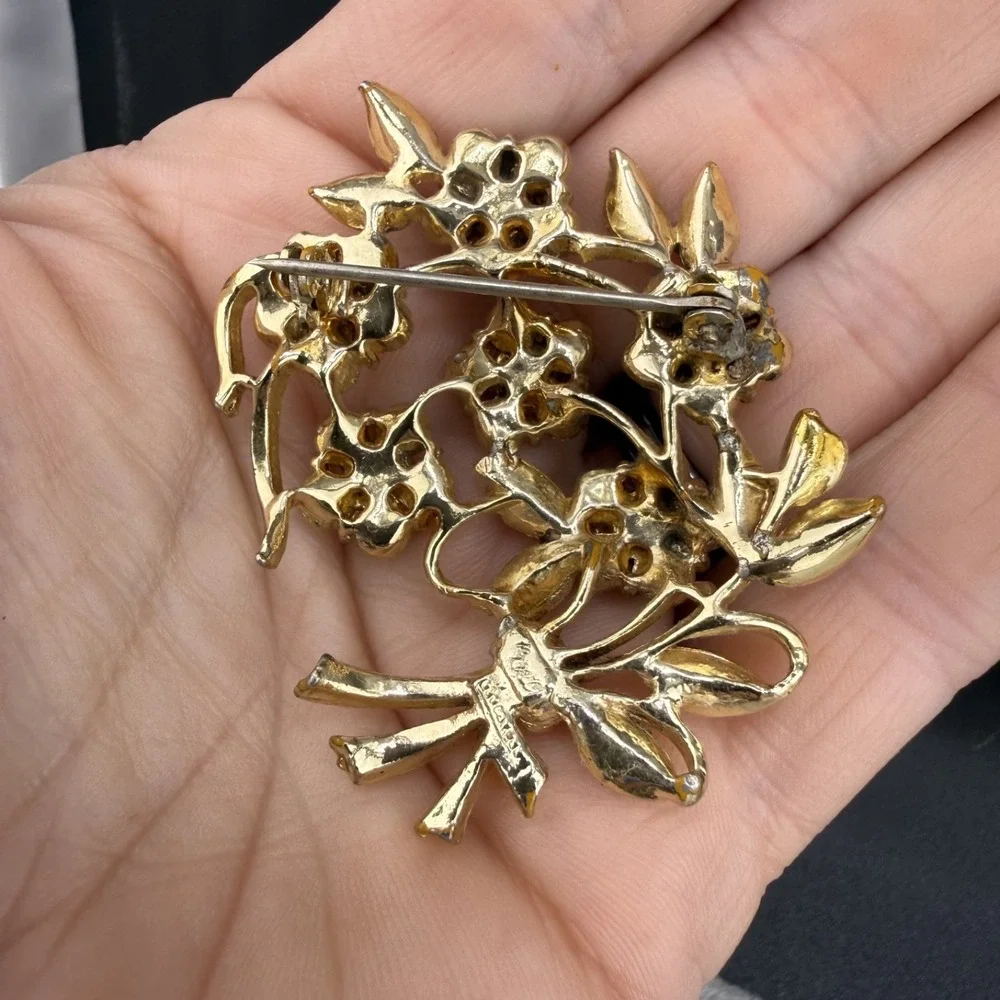 Vintage Coro Brooch Gold Yellow Rhinestone Floral Bouquet 2in